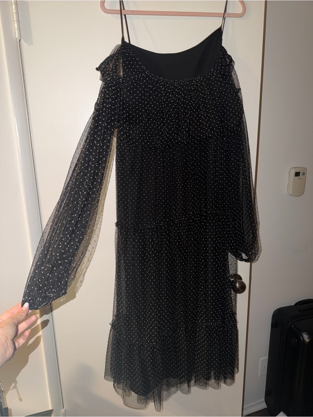 BCBGMaxAzria Black Polka Dot Mesh Long-Sleeve Midi Dress